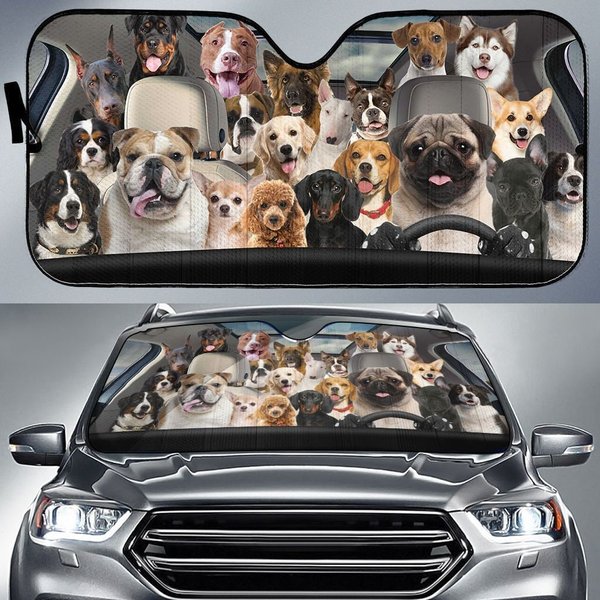 Cute Dogs Driving Car Sun Shade, Dog Lovers Car Windshield-image