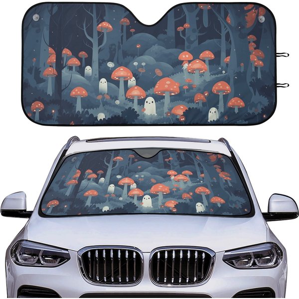 Red Mushroom Forest Cute Little Ghost Car Sunshade Windshield Cover-image