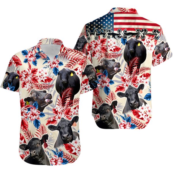 Black Angus Cattle In American Flag Patterns All Over Print Hawaiian Shirt-image