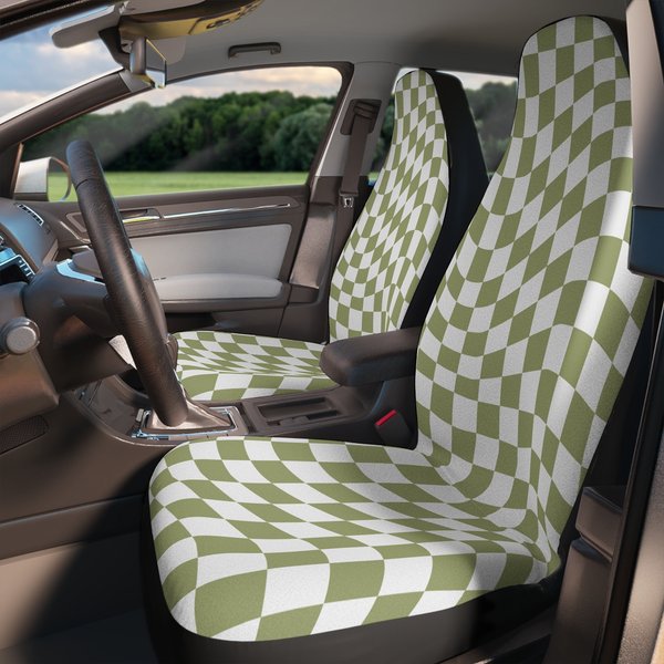 Sage Green Groovy Checker Wavy Pattern Car Seat Cover-image