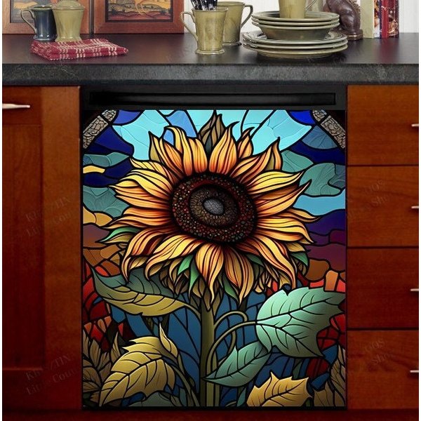 Kitchen Dishwasher Cover - Beautiful Stained Glass Sunflower-image