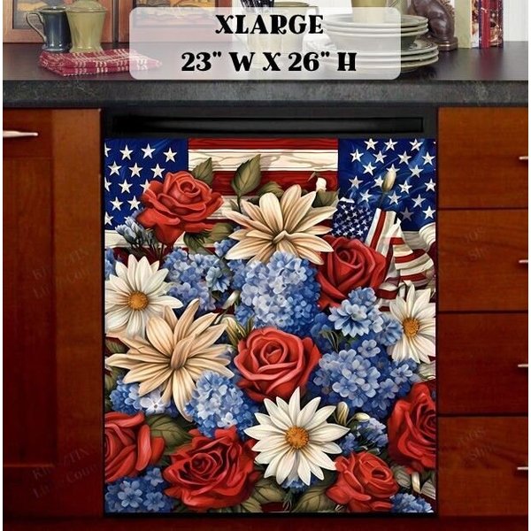 Kitchen Dishwasher Cover - American Flag And Flowers-image