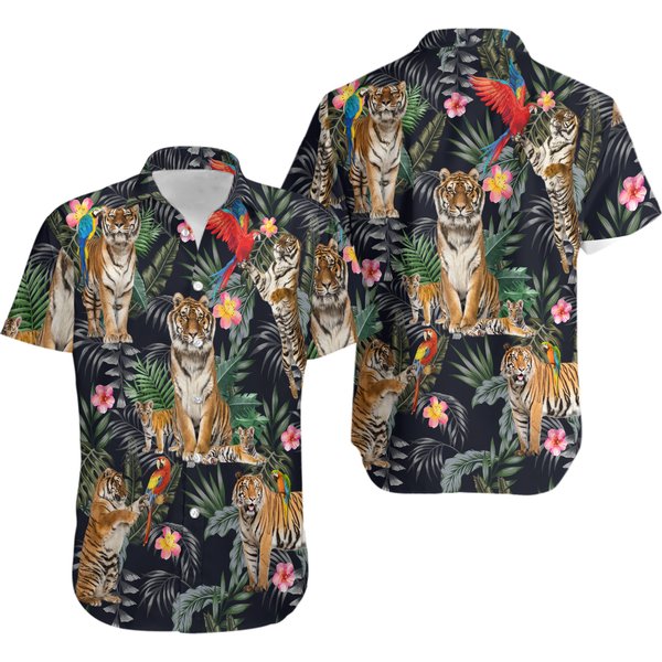 Tiger Hawaiian Shirt - Tiger And Parrot Tropical Button Down Shirts-image