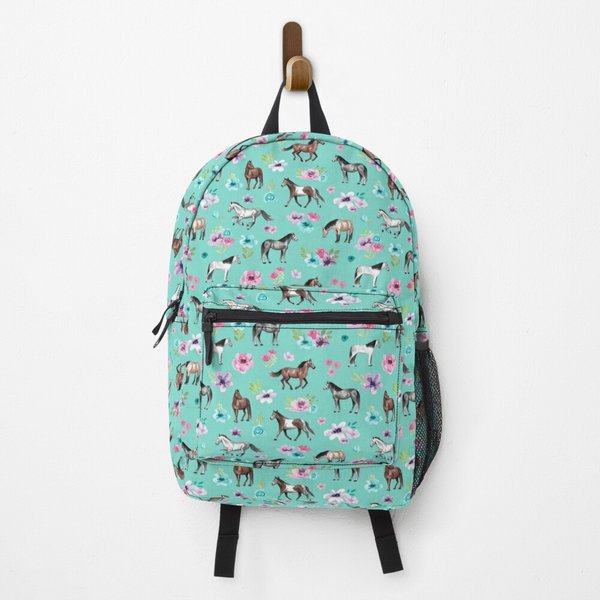 Wild Horses And Flowers On Aqua Blue Backpack-image