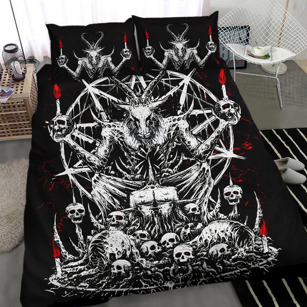 Skull Skeleton Satanic Goat Eternal Impaled Torment Skull Candle Trophy Quilt Bedding Set