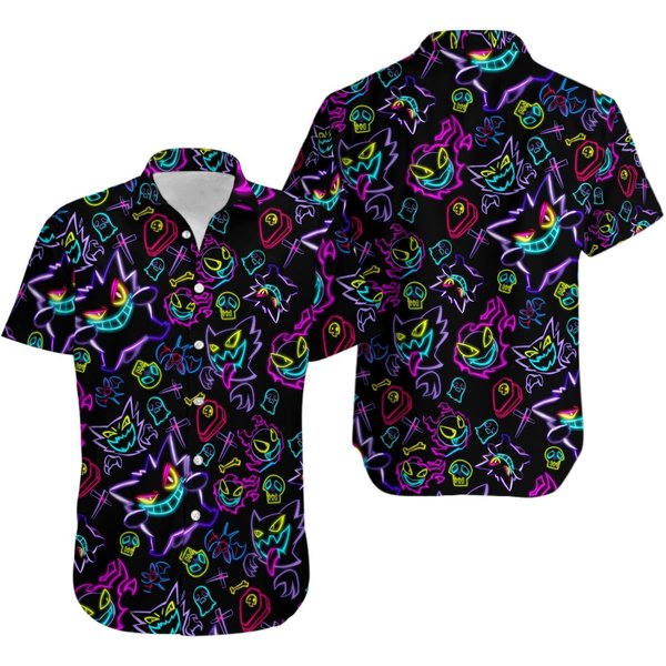 Gengar Ghost Hawaiian Shirt, Button Up Shirt, Pkm Hawaiian Shirt-image