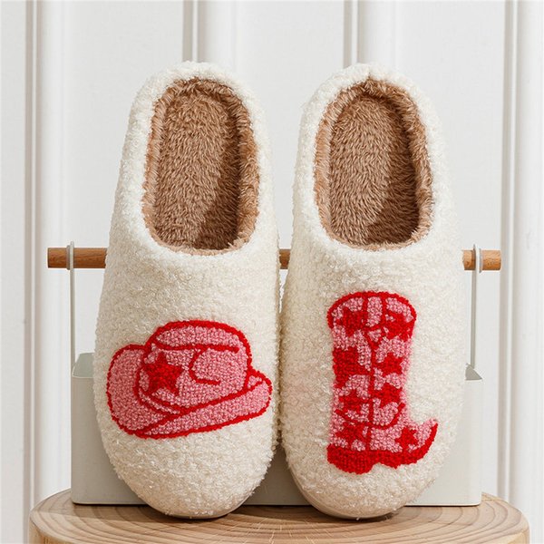 Cowgirl Slippers, Fluffy Cushion Slides Cute Womens Comfortable Smile Slippers-image