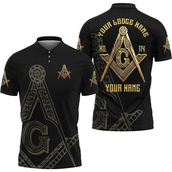 Custom Lodge Name Number Freemason Black & Gold 3D All Over Print Polo Shirt-image