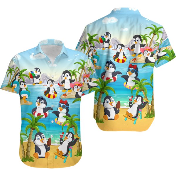 Penguin On The Beach Funny Aloha Hawaiian Shirt-image