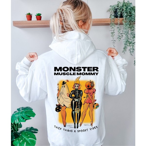 Monster Muscle Mommy Hoodie, Gym Halloween Hoodie, Fitness Halloween Sweater, Gym Girlfriend, Spooky Vibes & Thick Thighs