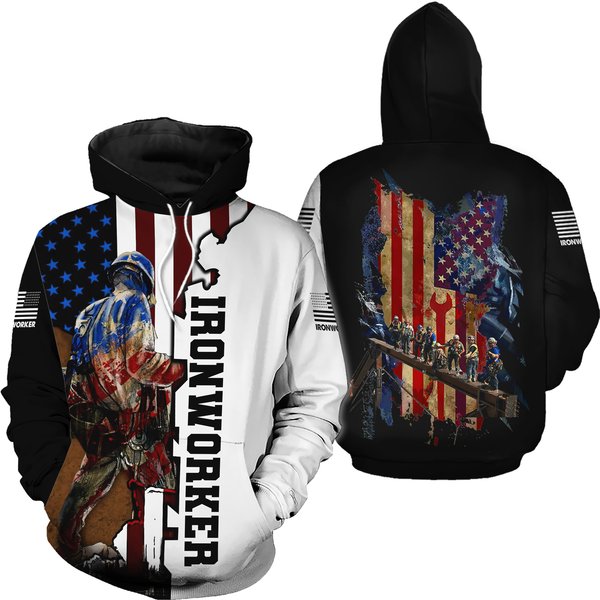 Men's Ironworker In The Construction Us Flag 3D Pullover All Over Print Hoodie-image