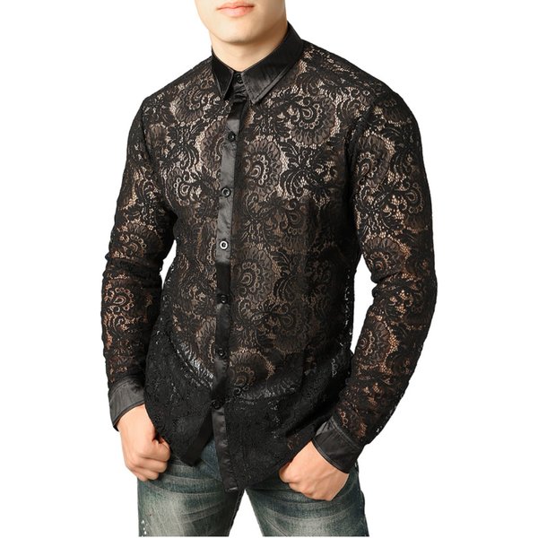 Mens Black Lace Floral Party Shirt, Mesh See Through Shirts, Clubwear Dress Shirts, Halloween Party Outfit, Gothic Top Sheer Sweatshirt