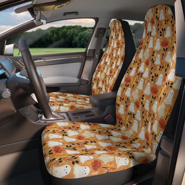 Cute Ghost Car Seat Covers - Fall Vintage Halloween Front Seat Covers Orange Car Decor-image
