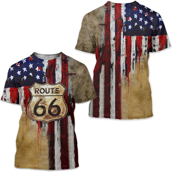 Route 66 American Flag 3.0 Engine Vintage Motor Oil Motorcycles 3D T-Shirt-image