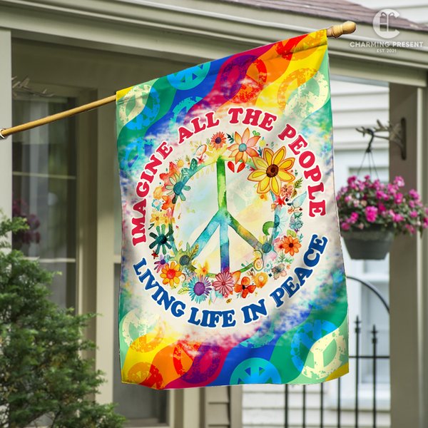 Peace Sign Hippie Flag, Imagine All The People Living Life In Peace House Flag-image