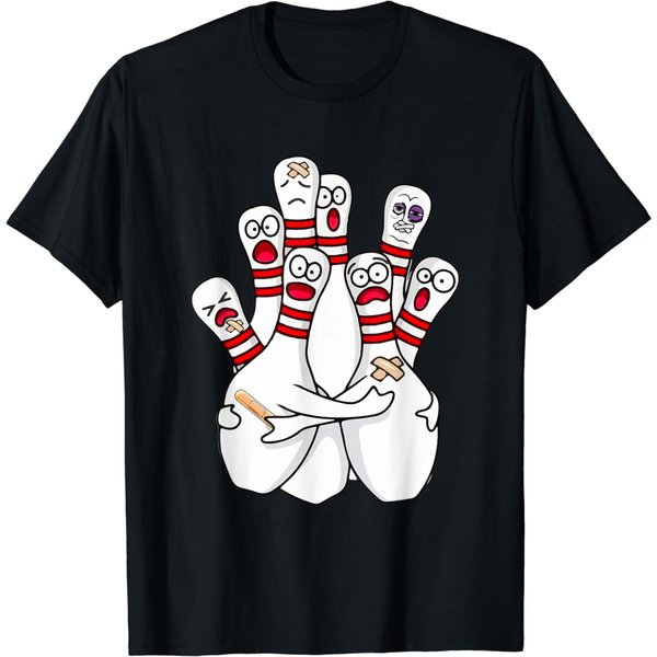 Cartoon Bowling Scared Bowling Pins Funny Sport Bowler T-Shirt-image