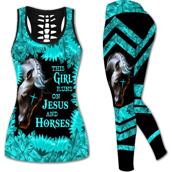 Love Horse Leaves Hollow Tank Top Legging Sets-image