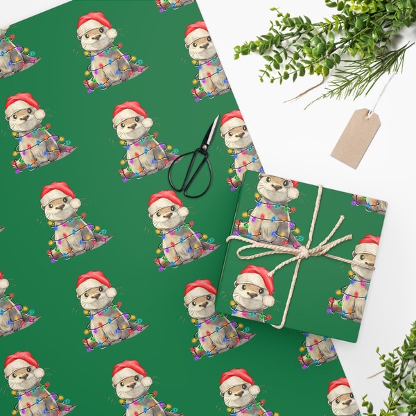Otter Christmas Wrapping Paper Present Illustrated Xmas Gift Wrap Cute Otters Birthday Holiday Cool Funny For Kids Fun For Children