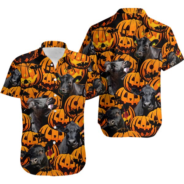 Black Angus Cattle Lovers Halloween Pumpkin Hawaiian Shirt-image