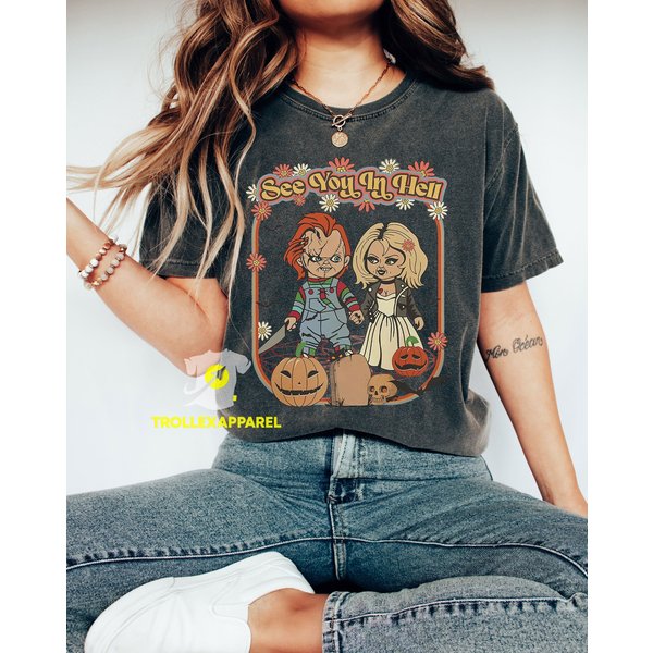 Colorschucky And Tiffany Halloween Shirt, See You In Hell Shirt, Chucky Shirts-image