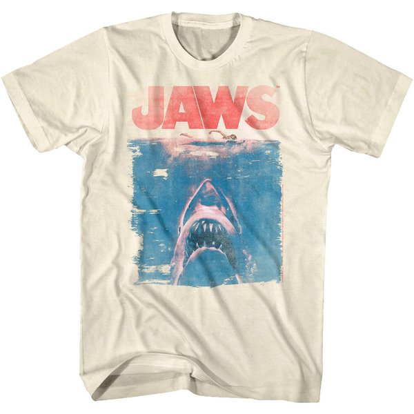 Jaws Vintage Movie Poster Men's T Shirt Great White Shark Attack Swimmer Faded-image
