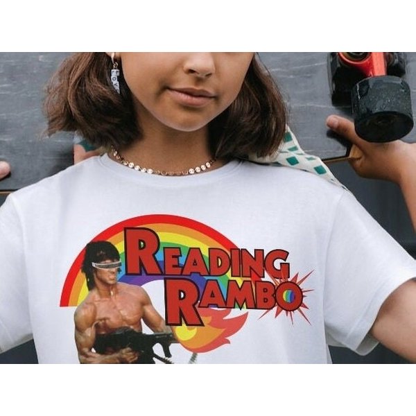 Reading Rambo Shirt, Sylvester Stallone Shirt, Mashup Unisex Heavy Cotton Tee-image