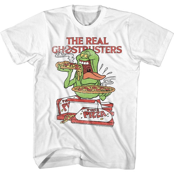 The Real Ghostbusters Men's T-Shirt Slimer Eats Pizza Graphic Tee Phil's Who You Gonna Call Vintage Cartoon T-Shirt-image