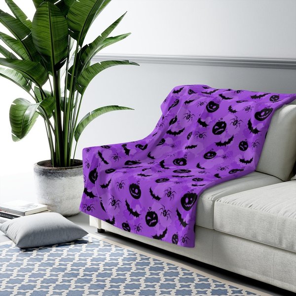 Pumpkin Fleece Blanket, Halloween Blanket, Bat Blanket, Spider Blanket, Spooky Blanket, Purple Halloween Blanket-image