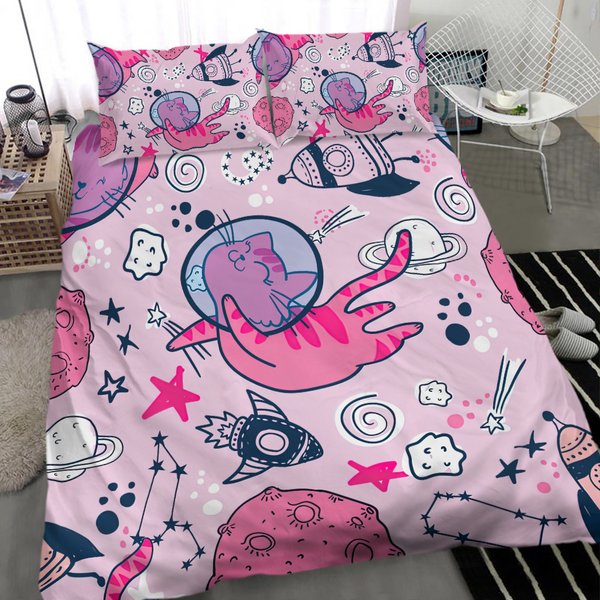 Astronaut Cat In Space Kids Baby Pink Duvet Cover Set-image