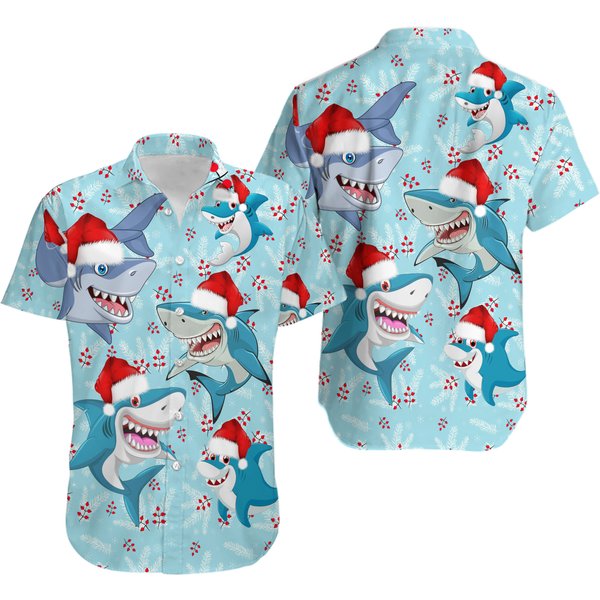 Merry Christmas Shark Santa Hat Christmas Hawaiian Shirt-image