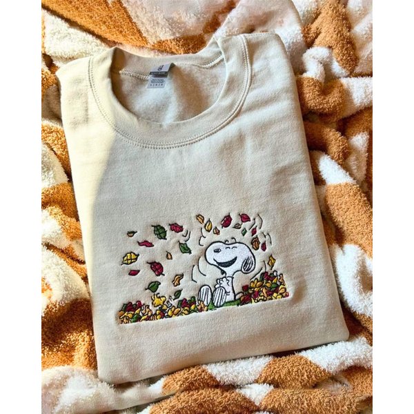 Fall Snoopy Embroidered Sweatshirt, Snoopy Autumn Leaves Pumpkin Sweatshirt-image