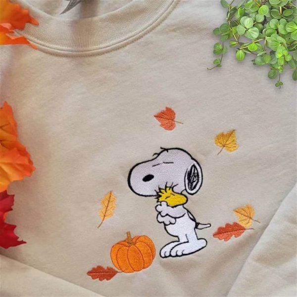 Fall Embroidered Cute Dog Sweatshirt, Autumn Leaves Snoopy Sweatshirt-image