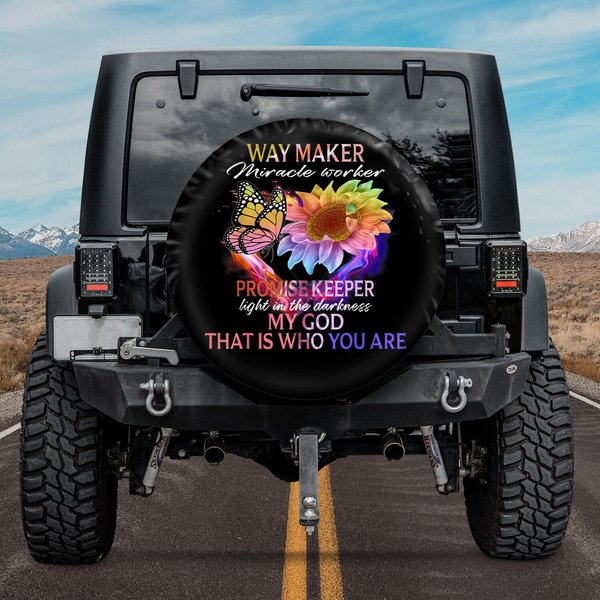 Way Maker Miracle Worker My God Butterfly Sunflower Jesus Spare Tire Cover-image