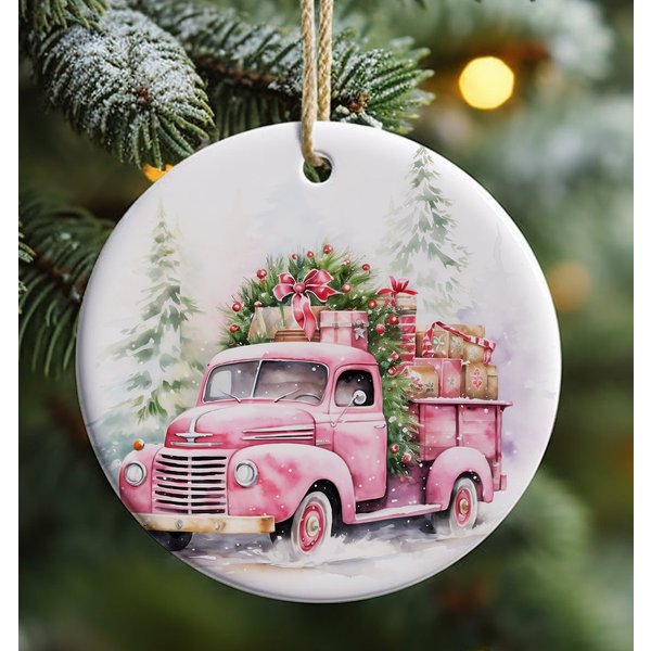 Christmas Pink Truck Ornament Sublimation Christmas Barn Ornament