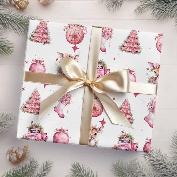 Pink Christmas Tree Wrapping Paper, Pink Truck Gift Wrap, Christmas Present Gift Wrap, Winter Wrapping Paper-image