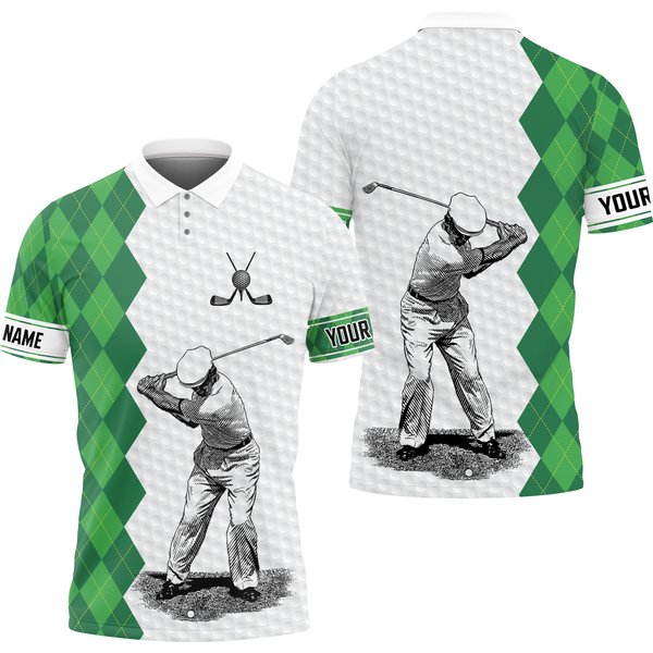 Personalized Name Golf Green Argyle Pattern Printed Polo Shirts-image