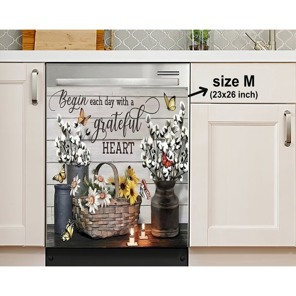 Begin Each Day With A Grateful Heart Dishwasher Cover Decal Daisy Sunflower Butterflies-image