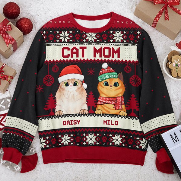 Cat Mom Cat Dad Merry Christmas - Personalized Custom Unisex Ugly Christmas Sweatshirt, Pet Lovers