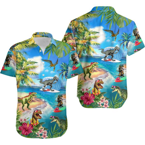 Dinosaur Blue Ocean Dinosaur Casual Hawaiian Shirt-image