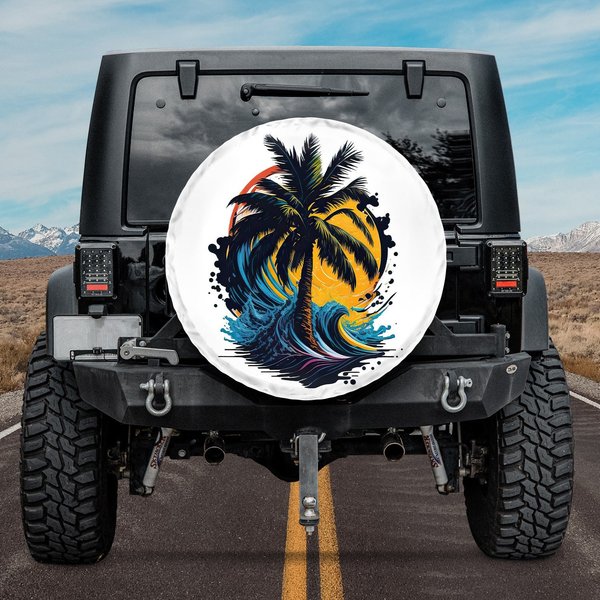 A Majestic Palm Tree Wave Spare Tire Cover-image