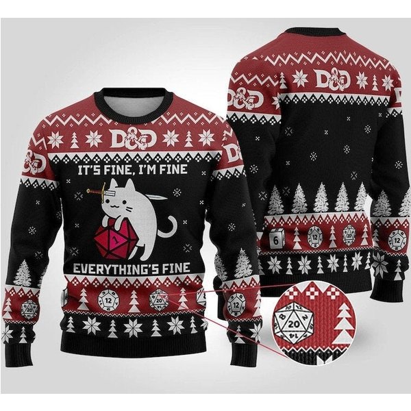 Dungeons And Dragons Christmas Ugly Sweater, Cat Dnd Dice Game Sweatshirt-image