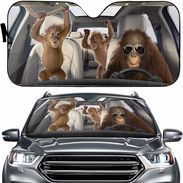 Monkey Family Driving Go On A Trip Funny Car Windshield Sun Shade-image