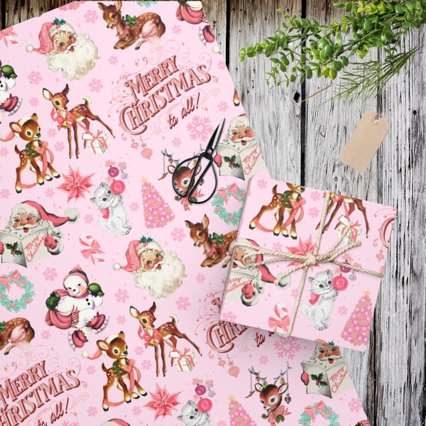Pink Christmas Wrapping Paper | Christmas Gift Wrap | Vintage Santa Wrapping Paper-image