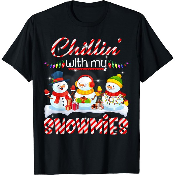 Chillin' With My Snowmies Santa Snowman Scarf Light Xmas T-Shirt-image