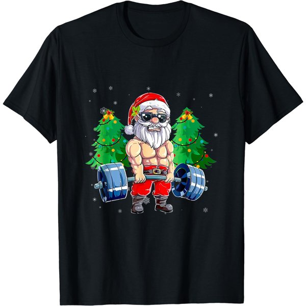 Weightlifting Fitness Gym Deadlift Santa Claus Christmas Day T-Shirt-image