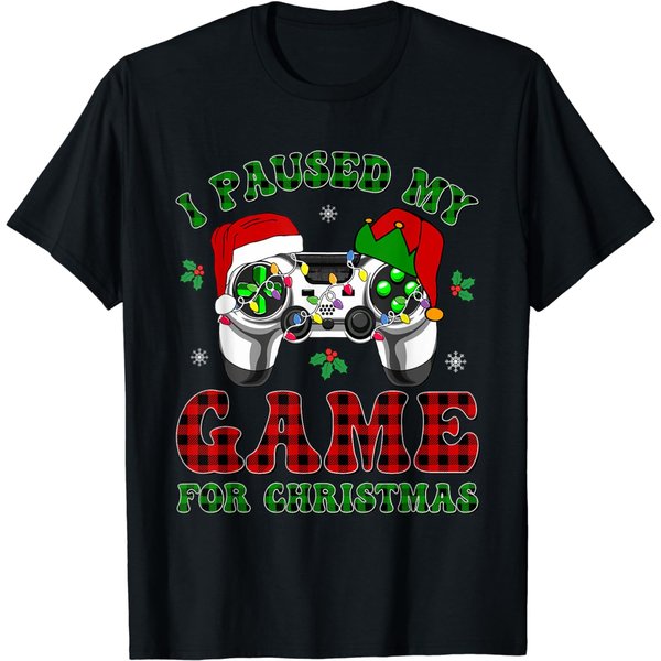 I Paused My Game For Christmas Video Gamer Boys Men Pajamas T-Shirt-image