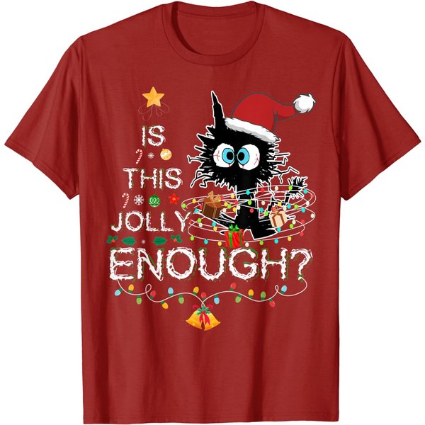 Funny Black Cat Is This Jolly Enough Christmas Santa Xmas T-Shirt-image