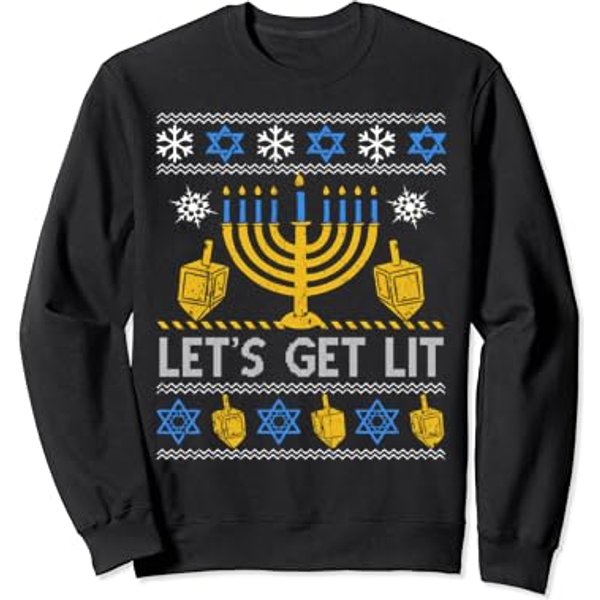 Let's Get Lit Chanukah Hanukkah Ugly Sweater Sweatshirt-image