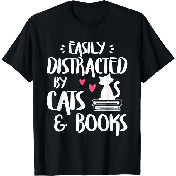 Easily Distracted By Cats And Books - Cat & Book Lover T-Shirt-image