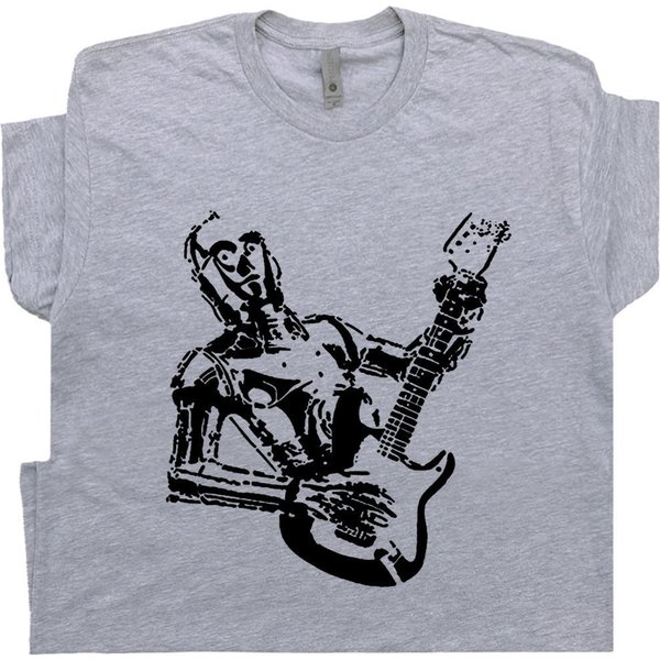 C3Po Guitar T Shirt Robot Playing Cool Electric Guitar Tee Funny Bass For Acoustic Vintage Guitarist Player Weird Band Graphic Tee-image